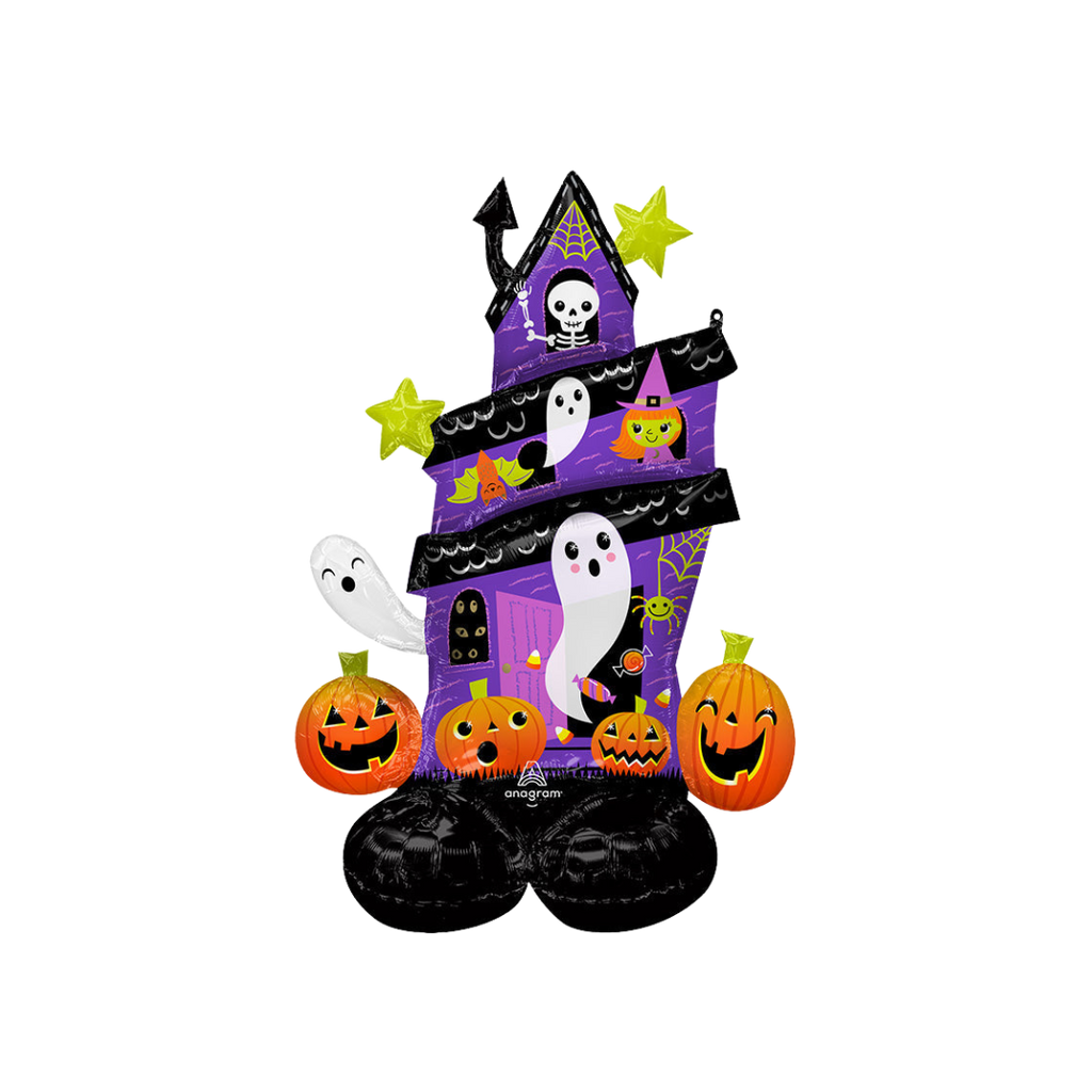 Purple haunted house foil balloon with ghosts pumpkins and stars Halloween from Parte Haus party supply store in Bethesda Maryland