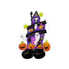Purple haunted house foil balloon with ghosts pumpkins and stars Halloween from Parte Haus party supply store in Bethesda Maryland
