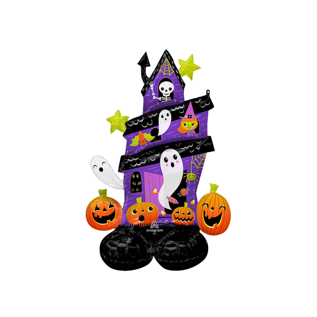 Purple haunted house foil balloon with ghosts pumpkins and stars Halloween from Parte Haus party supply store in Bethesda Maryland