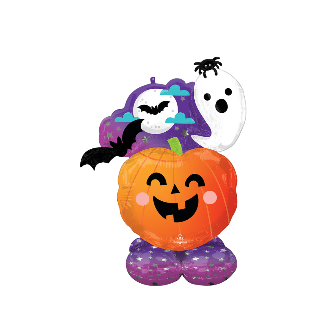 Orange purple jack o lantern and ghost foil balloon with bats Halloween from Parte Haus party supply store in Bethesda Maryland