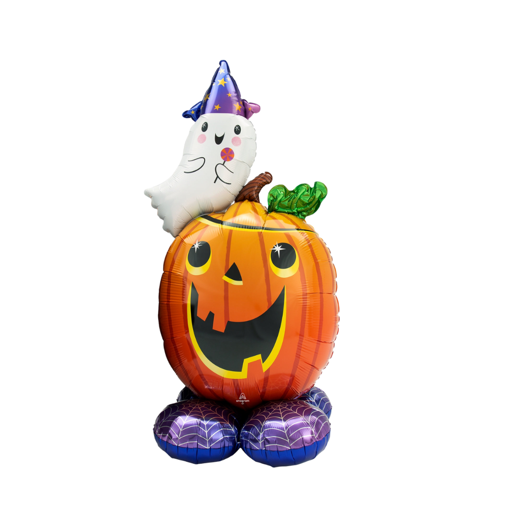 Orange Halloween jack o lantern and ghost foil balloon decoration from Parte Haus party supply store in Bethesda MD