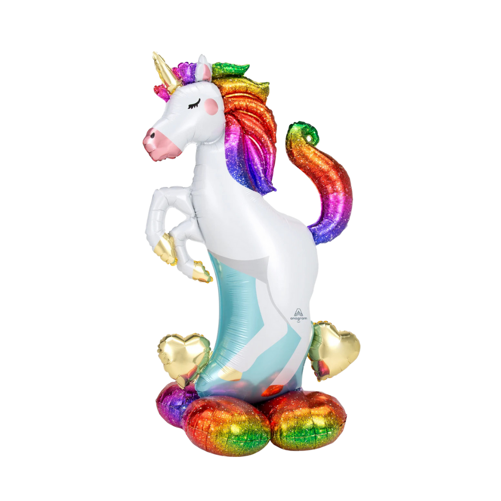 Rainbow unicorn foil balloon with metallic finish for birthday from Parte Haus party supply store in Bethesda Maryland
