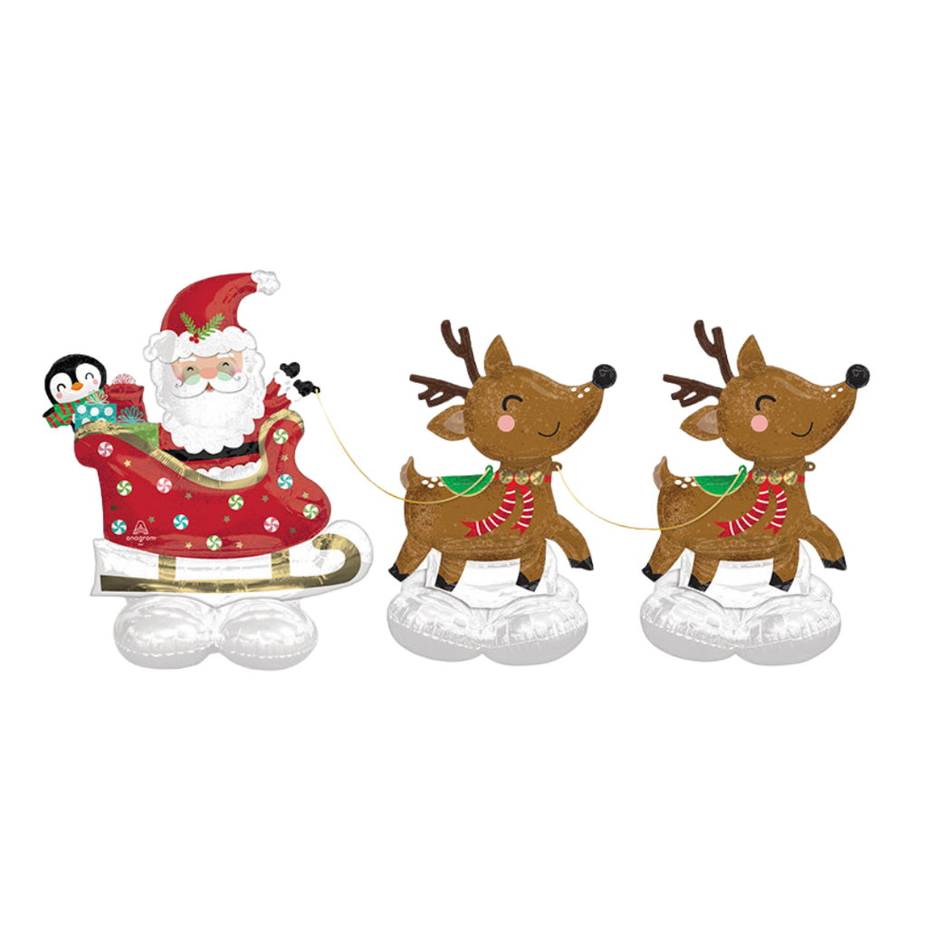 Red and brown Santa and reindeer giant foil balloon Christmas decor from Parte Haus party supply store in Bethesda MD