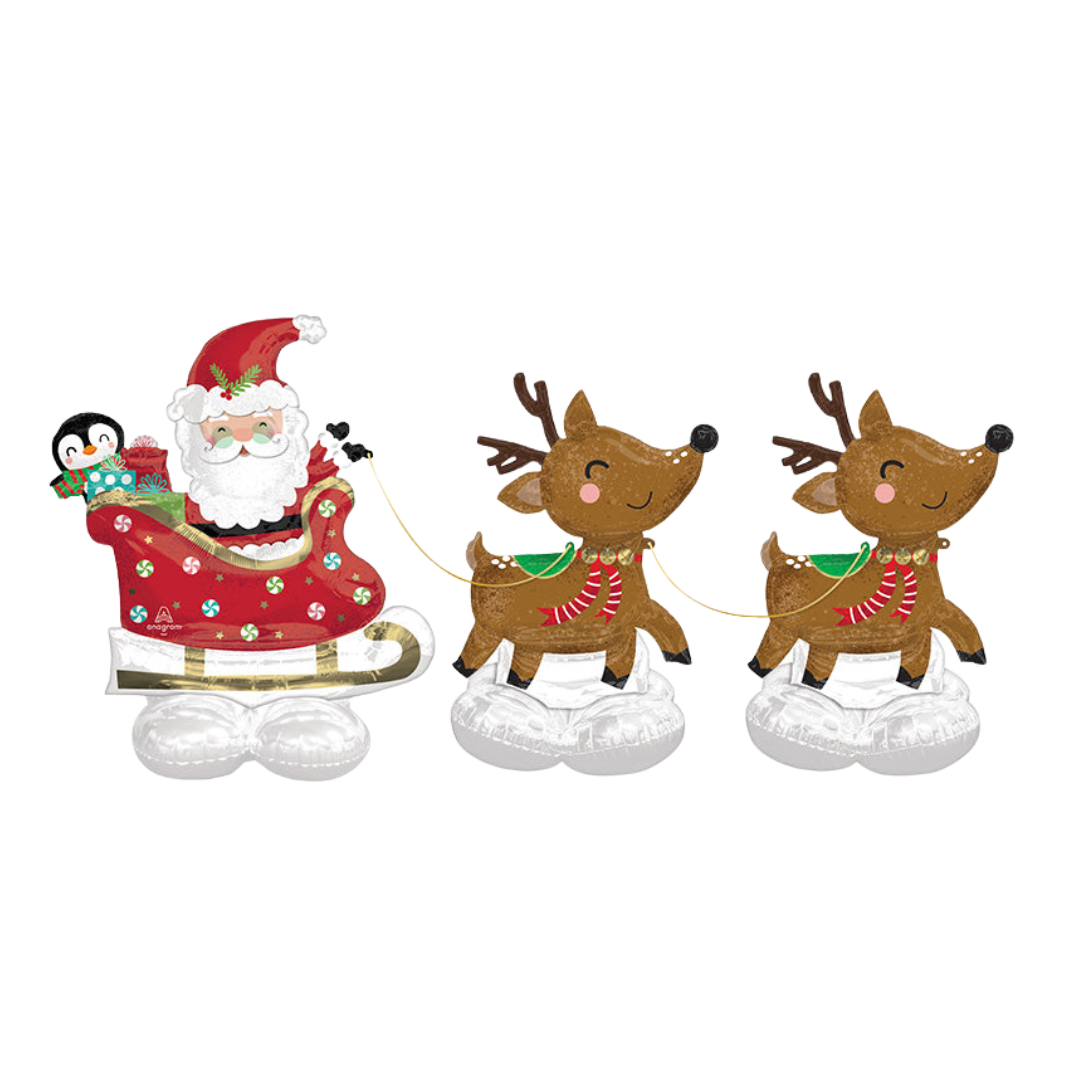 Red and brown Santa and reindeer giant foil balloon Christmas decor from Parte Haus party supply store in Bethesda MD