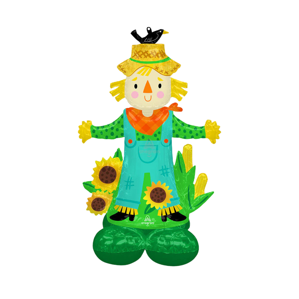 Multicolor scarecrow foil balloon with sunflowers and corn Fall Harvest from Parte Haus party supply store in Bethesda MD.