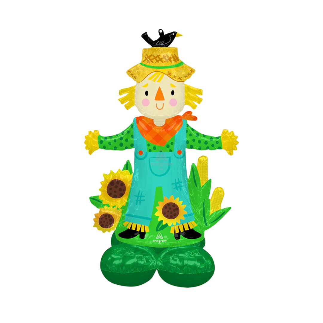 Multicolor scarecrow foil balloon with sunflowers and corn Fall Harvest from Parte Haus party supply store in Bethesda MD.