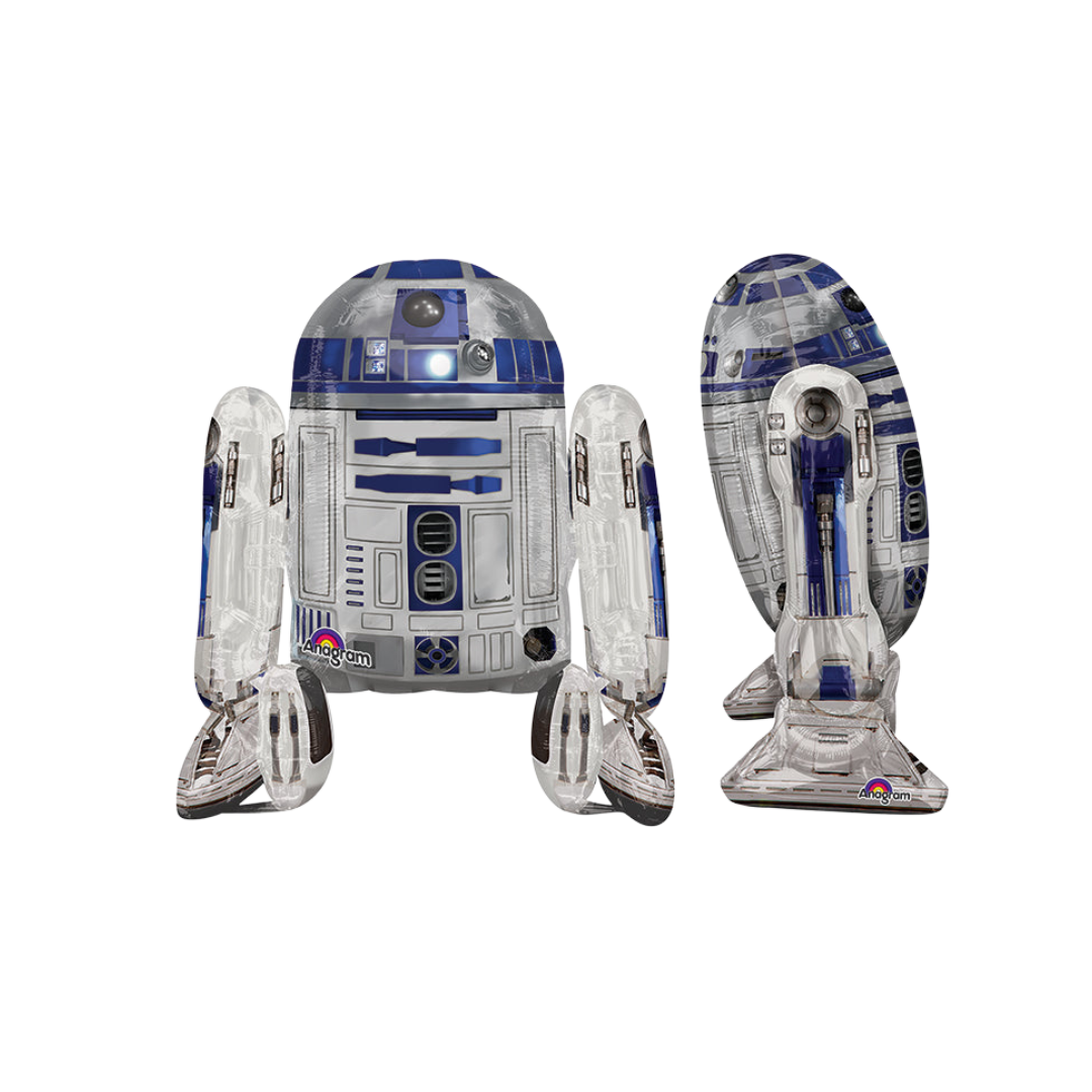 Blue and white giant R2D2 foil balloon standing upright Star Wars theme from Parte Haus party supply store in Bethesda Maryland