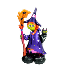 Purple and green giant witch foil balloon with broom and black cat Halloween from Parte Haus party supply store in Bethesda Maryland