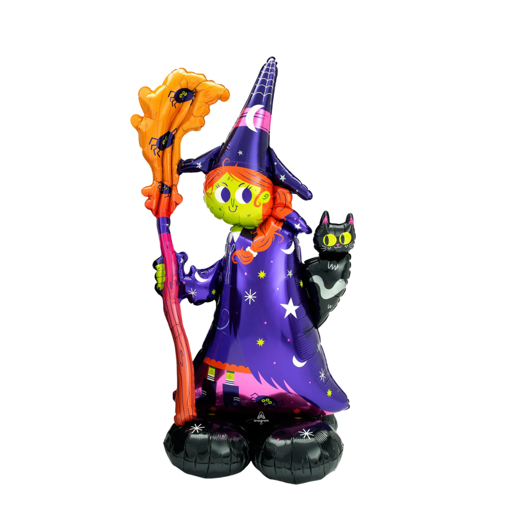 Purple and green giant witch foil balloon with broom and black cat Halloween from Parte Haus party supply store in Bethesda Maryland