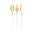 Linen gold plastic cutlery set elegant modern utensils for events from Parte Haus party supply store in Bethesda MD