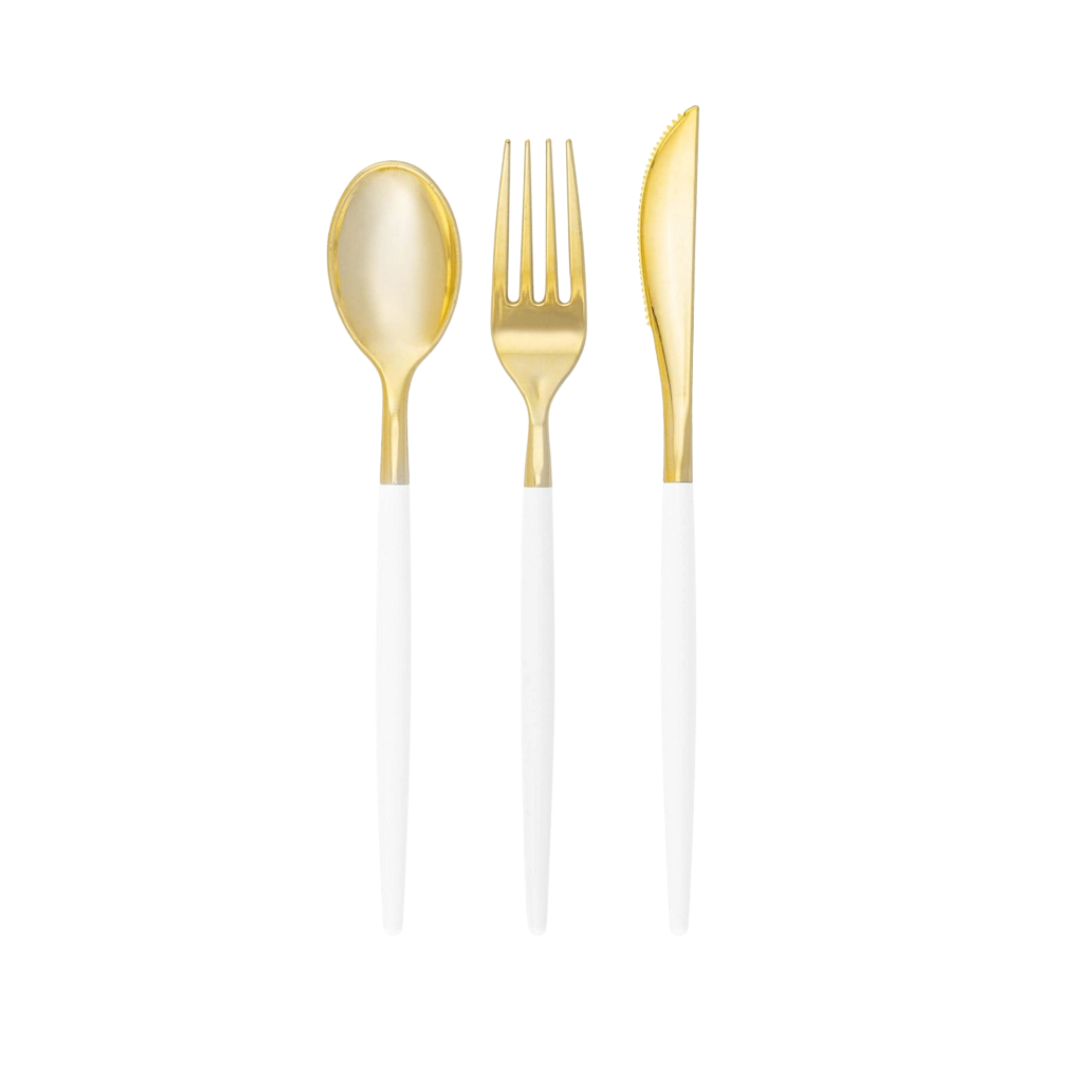 Linen gold plastic cutlery set elegant modern utensils for events from Parte Haus party supply store in Bethesda MD