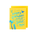 Yellow Happy Birthday Little Dude card with blue tropical design birthday theme from Parte Haus party supply store in Bethesda Maryland