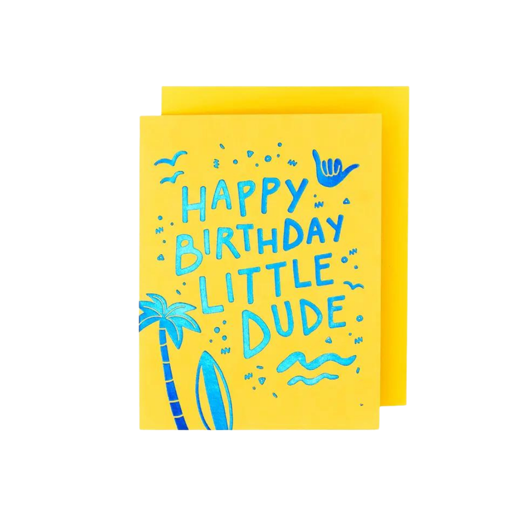 Yellow Happy Birthday Little Dude card with blue tropical design birthday theme from Parte Haus party supply store in Bethesda Maryland