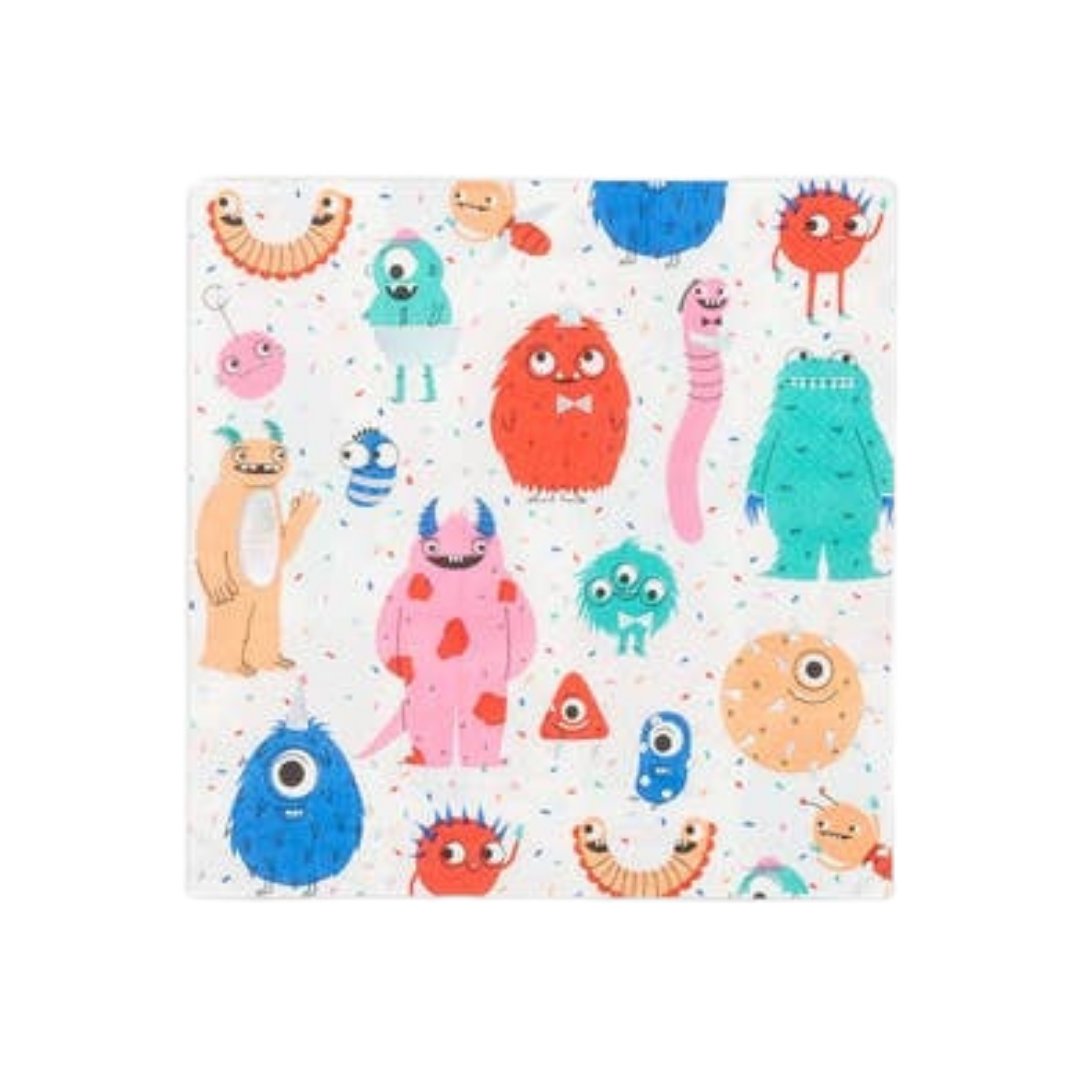 Colorful monster napkins with cartoon creatures birthday theme from Parte Haus party supply store in Bethesda MD