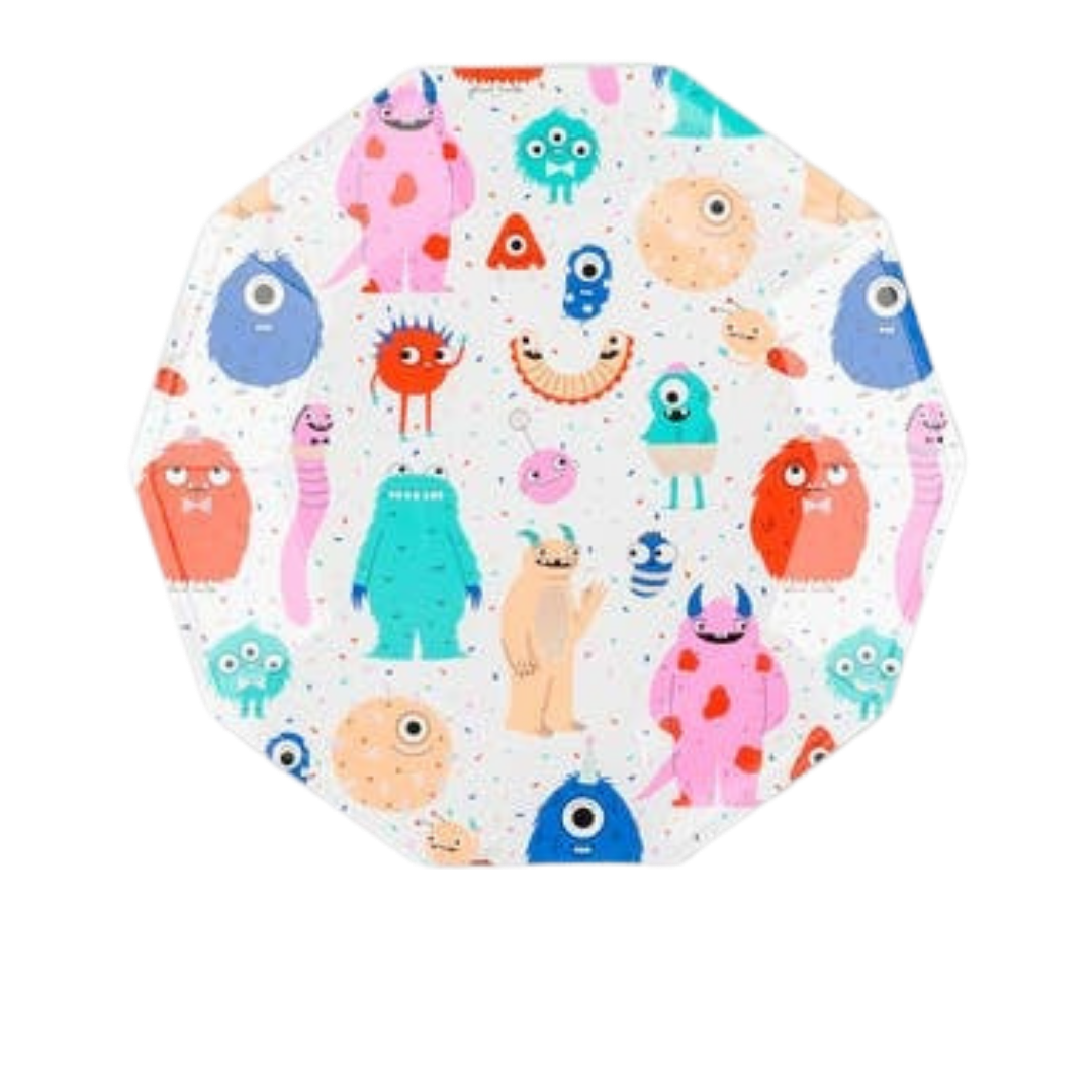 Colorful monster large plate with cute cartoon monsters kids birthday theme from Parte Haus party supply store in Bethesda MD