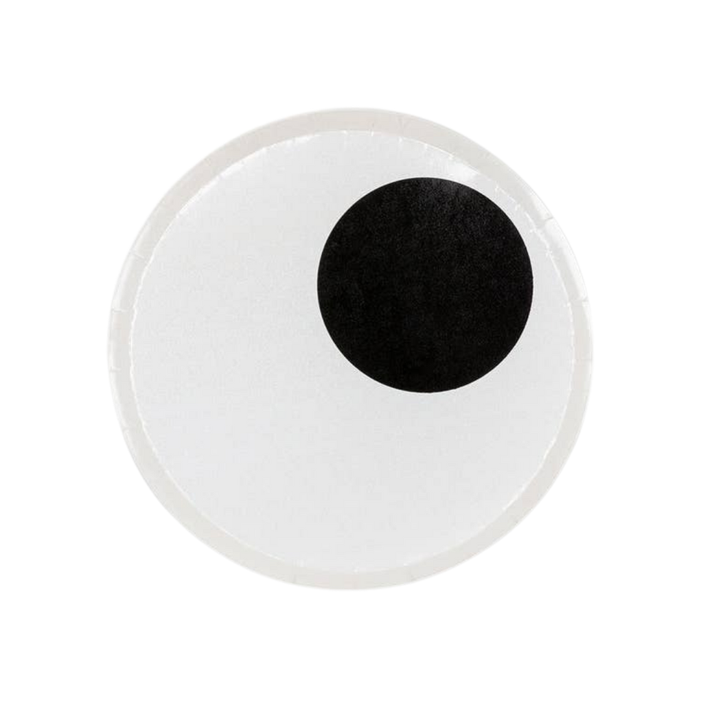 white small plate with black eye design monster theme from Parte Haus party supply store in Bethesda Maryland