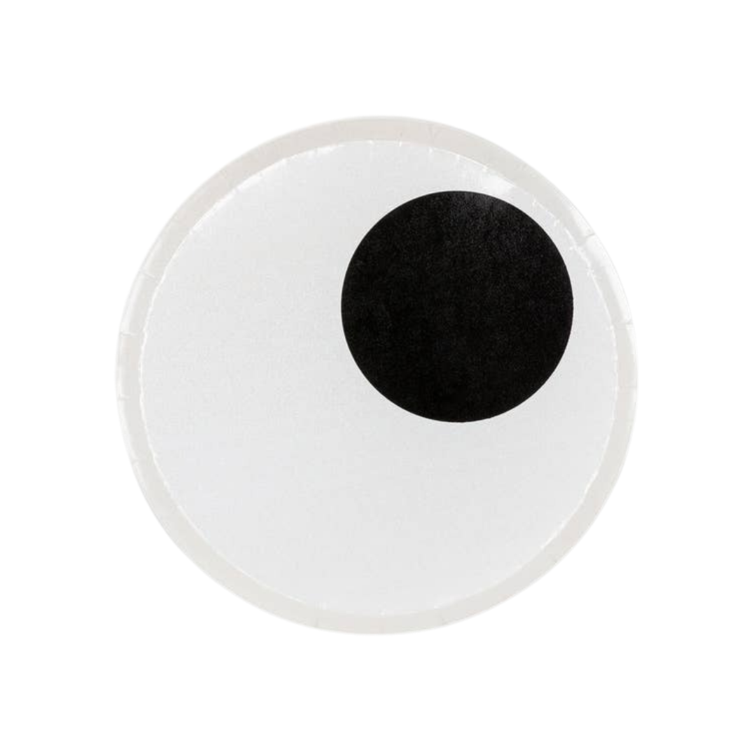 white small plate with black eye design monster theme from Parte Haus party supply store in Bethesda Maryland