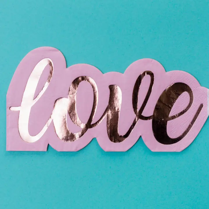 Pink love napkin with gold lettering for romantic celebrations from Parte Haus party supply store in Bethesda Maryland