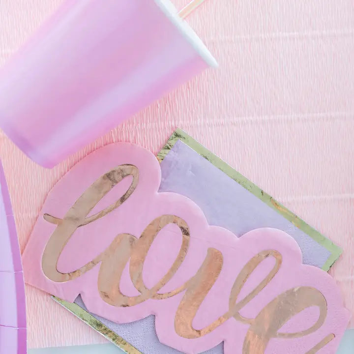 Pink love napkins with gold foil for romantic celebration from Parte Haus party supply store in Bethesda MD