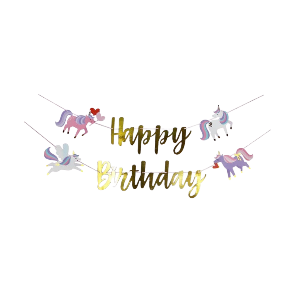 multicolor unicorn and gold happy birthday banner unicorn birthday decoration from Parte Haus party supply store in Bethesda Maryland