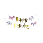multicolor unicorn and gold happy birthday banner unicorn birthday decoration from Parte Haus party supply store in Bethesda Maryland