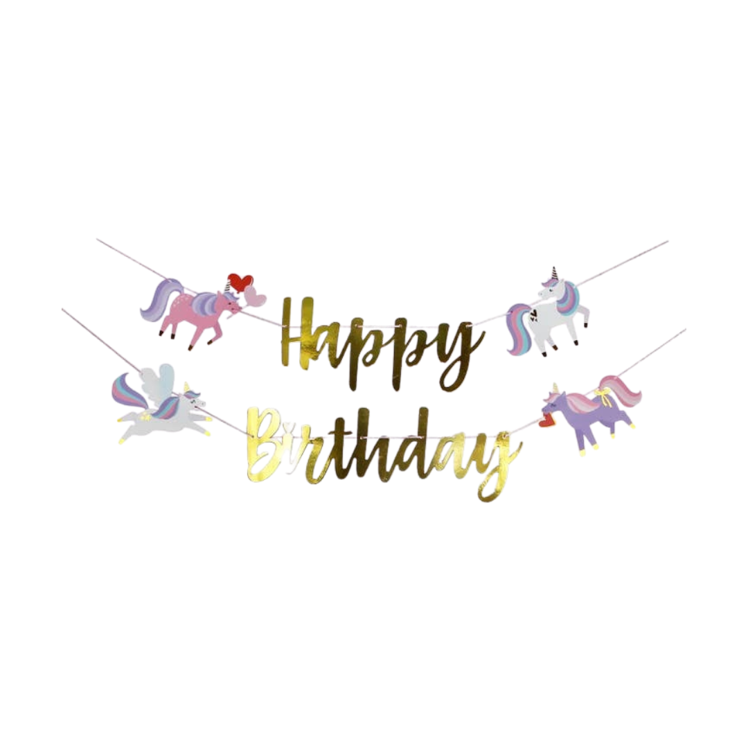 multicolor unicorn and gold happy birthday banner unicorn birthday decoration from Parte Haus party supply store in Bethesda Maryland