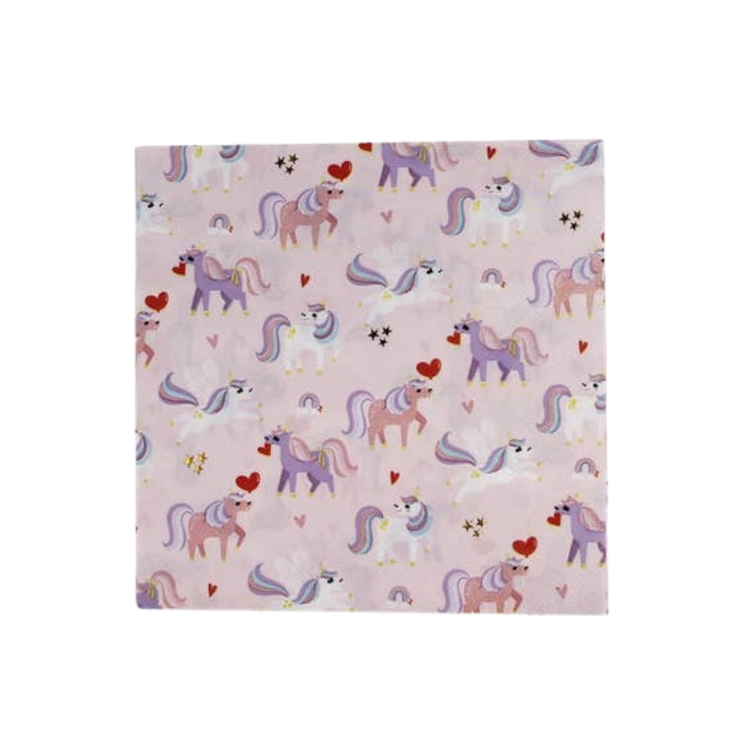 Pink unicorn napkins with hearts and rainbows for magical birthday from Parte Haus party supply store in Bethesda Maryland
