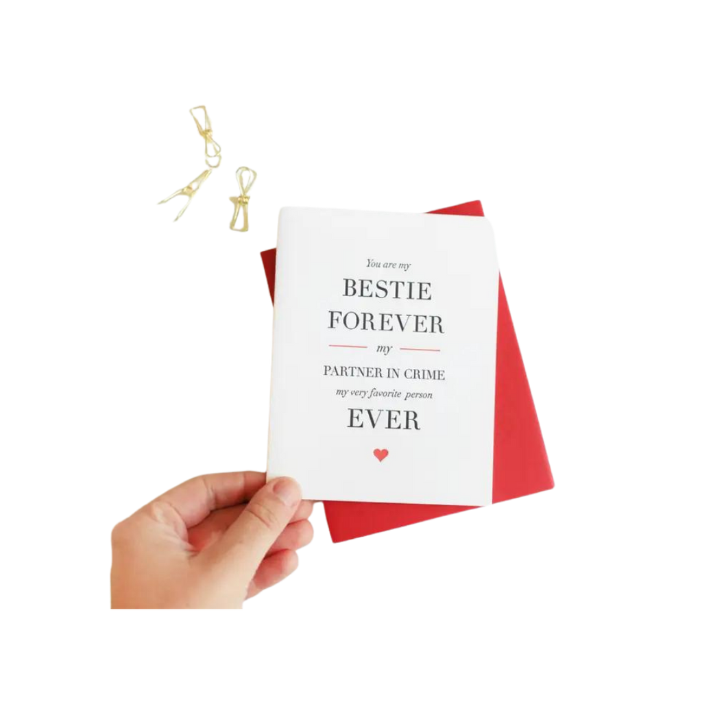 White and red friendship card with Bestie Forever text for love and friendship theme from Parte Haus party supply store in Bethesda MD