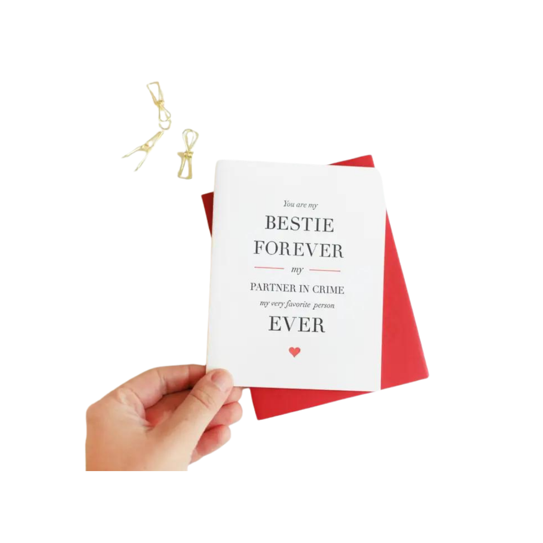 White and red friendship card with Bestie Forever text for love and friendship theme from Parte Haus party supply store in Bethesda MD