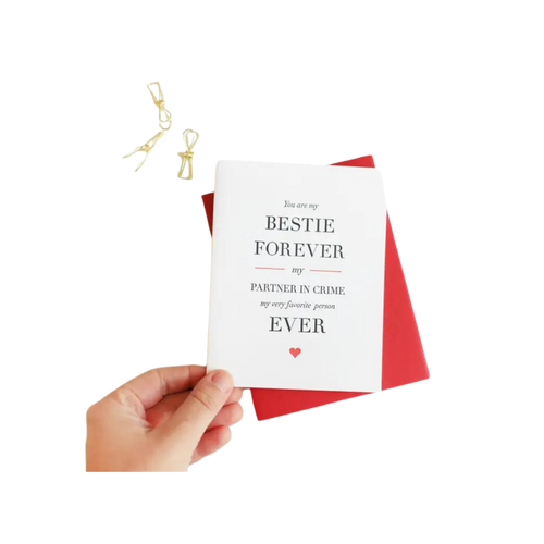 White and red friendship card with Bestie Forever text for love and friendship theme from Parte Haus party supply store in Bethesda MD