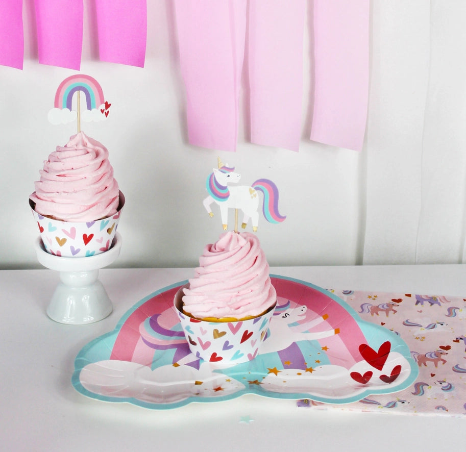 Rainbow unicorn cupcake toppers with pink frosting for birthday from Parte Haus party supply store in Bethesda Maryland