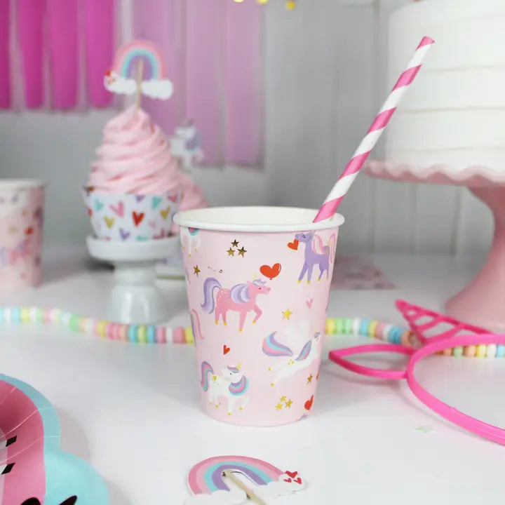 Pink unicorn cups with hearts and stars for kids birthday from Parte Haus party supply store in Bethesda Maryland