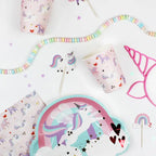 Pastel unicorn plates with rainbow and cloud design kids birthday from Parte Haus party supply store in Bethesda Maryland