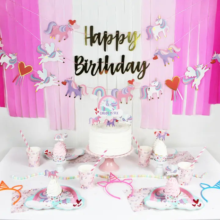 Pink unicorn plates with whimsical unicorn and hearts for birthday unicorn theme from Parte Haus party supply store in Bethesda MD