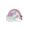 Pastel unicorn paper plate with rainbow clouds and hearts birthday theme from Parte Haus party supply store in Bethesda MD