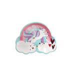 Pastel unicorn paper plate with rainbow clouds and hearts birthday theme from Parte Haus party supply store in Bethesda MD