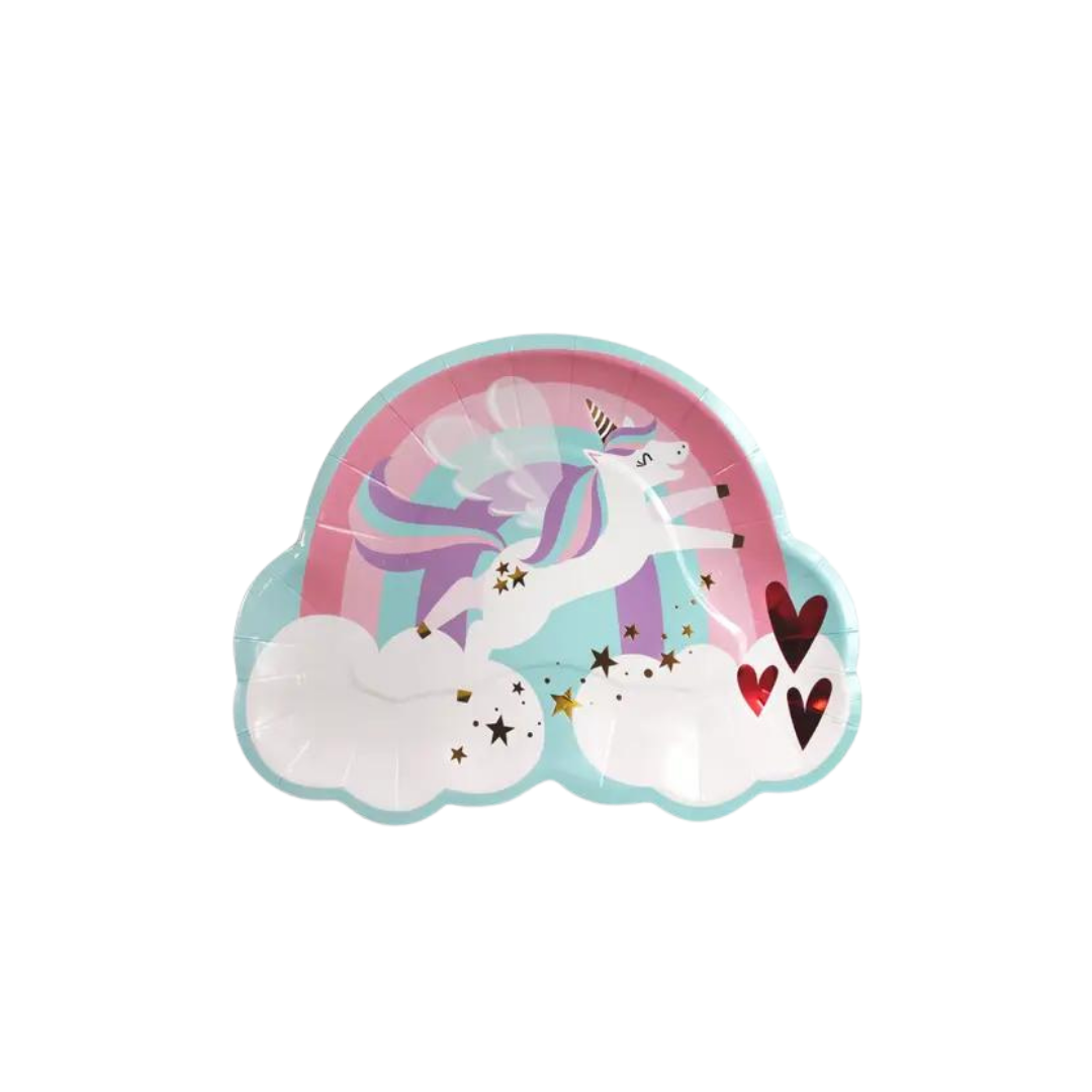 Pastel unicorn paper plate with rainbow clouds and hearts birthday theme from Parte Haus party supply store in Bethesda MD