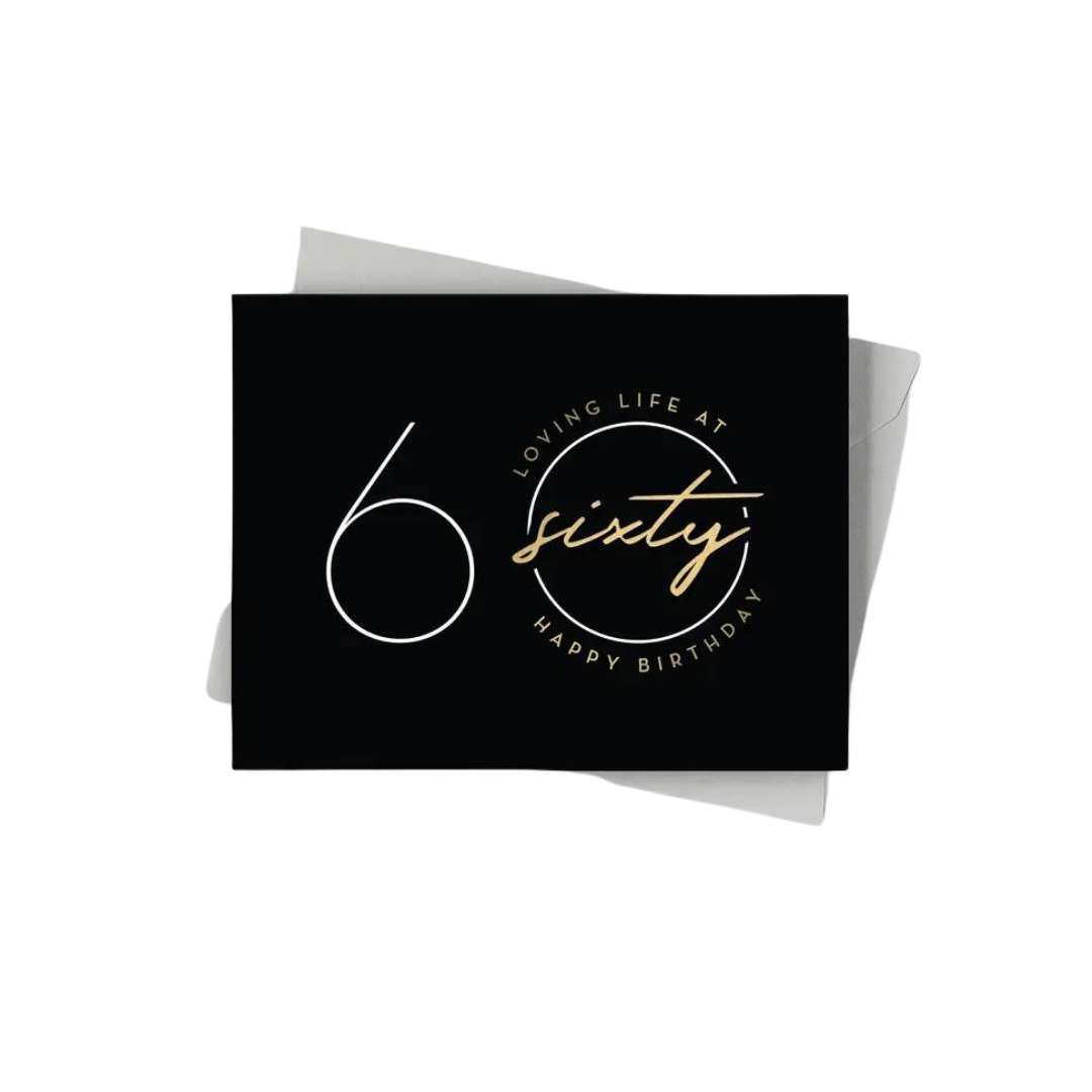 Black and gold 60th birthday greeting card with envelope milestone birthday from Parte Haus party supply store in Bethesda MD