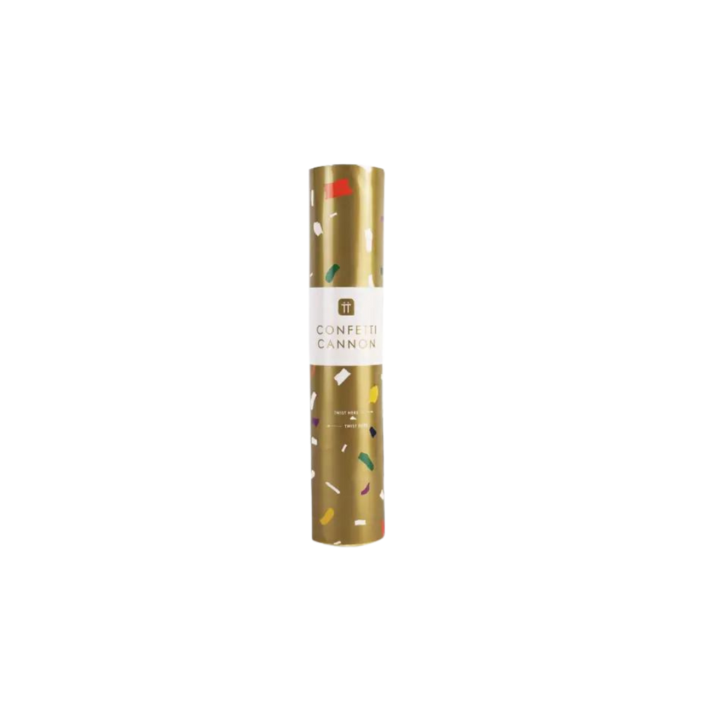 Gold confetti cannon with colorful accents for Christmas or New Year from Parte Haus party supply store in Bethesda MD
