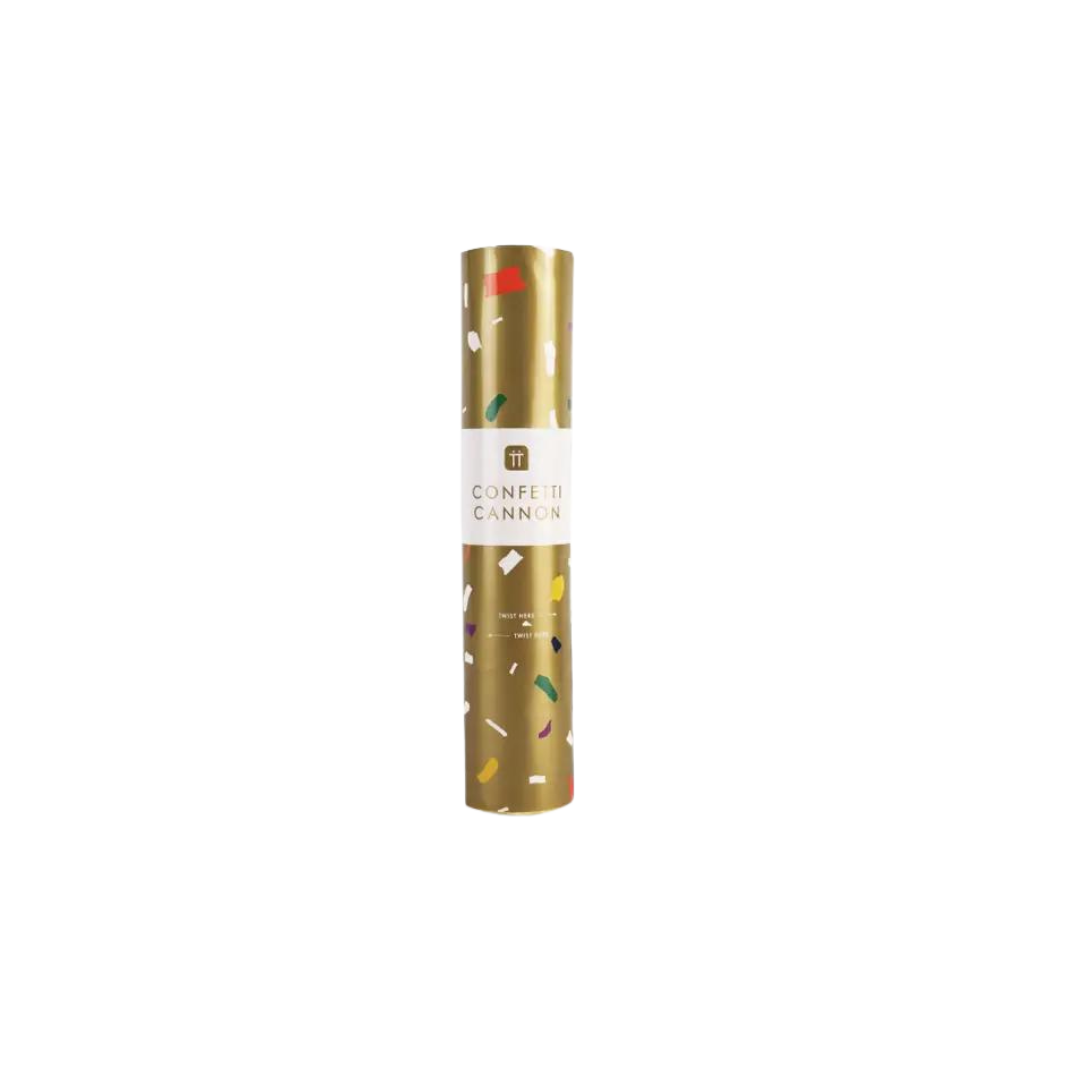 Gold confetti cannon with colorful accents for Christmas or New Year from Parte Haus party supply store in Bethesda MD