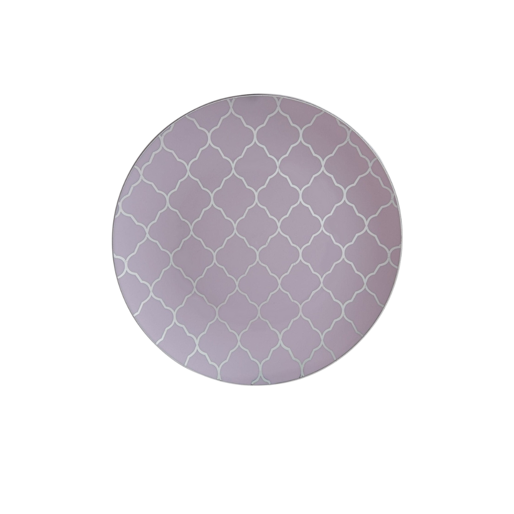 Lavender plate with white geometric pattern elegant dinner from Parte Haus party supply store in Bethesda Maryland