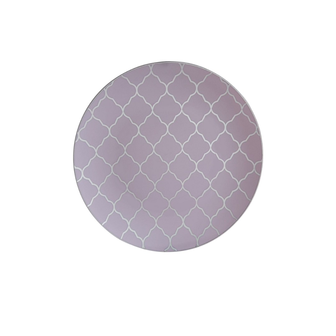 Lavender plate with white geometric pattern elegant dinner from Parte Haus party supply store in Bethesda Maryland