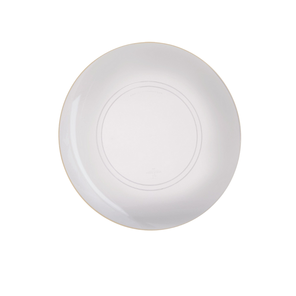 White round plate with gold rim elegant dinnerware for celebrations from Parte Haus party supply store in Bethesda Maryland