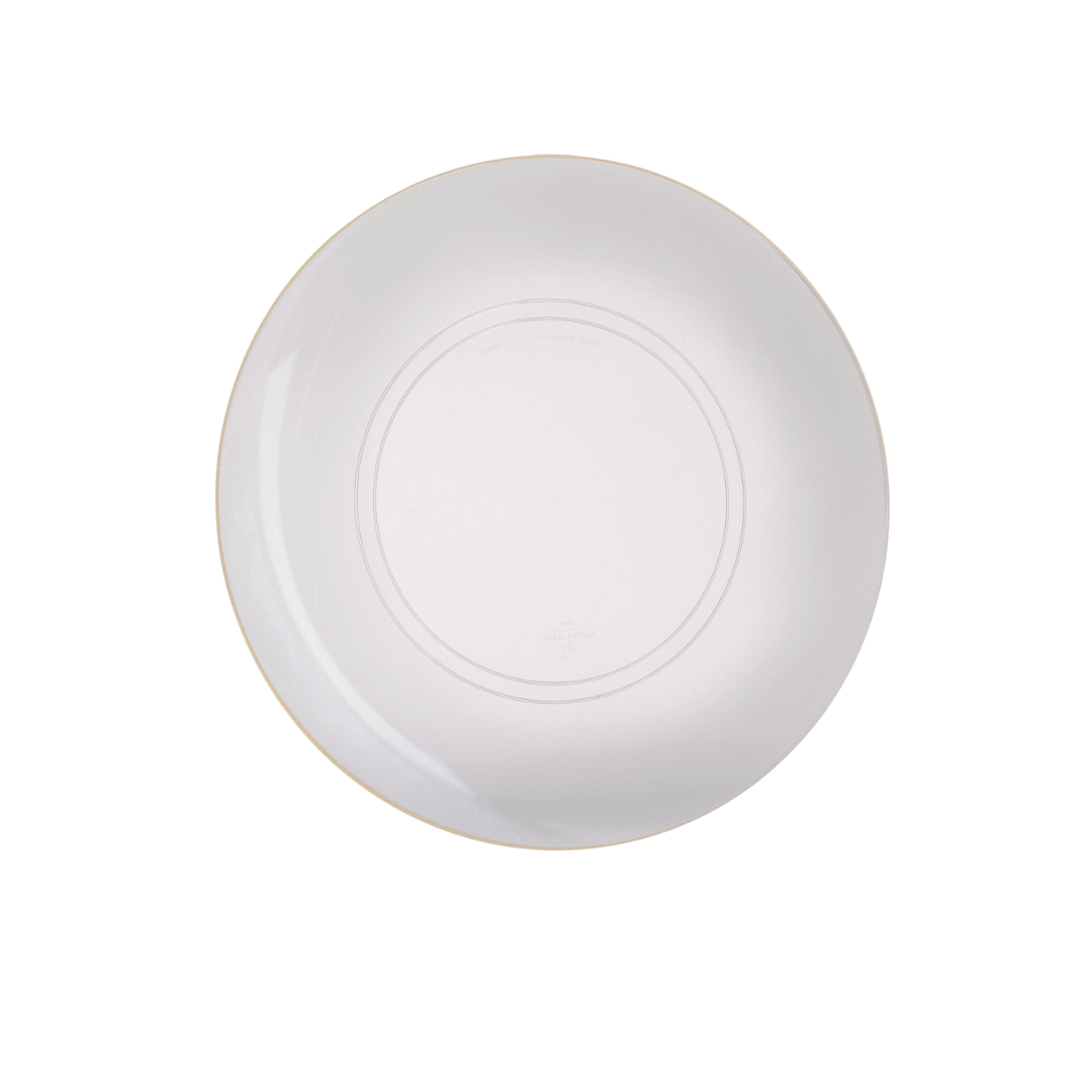 White round plate with gold rim elegant dinnerware for celebrations from Parte Haus party supply store in Bethesda Maryland