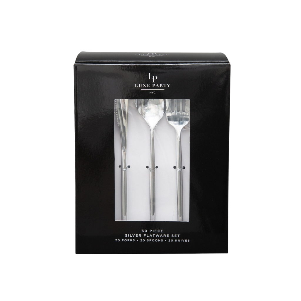 Silver flatware set in sleek black box for elegant dining from Parte Haus party supply store in Bethesda Maryland