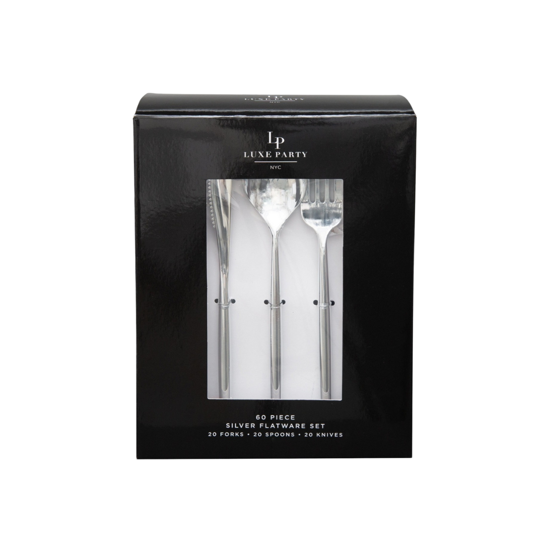 Silver flatware set in sleek black box for elegant dining from Parte Haus party supply store in Bethesda Maryland