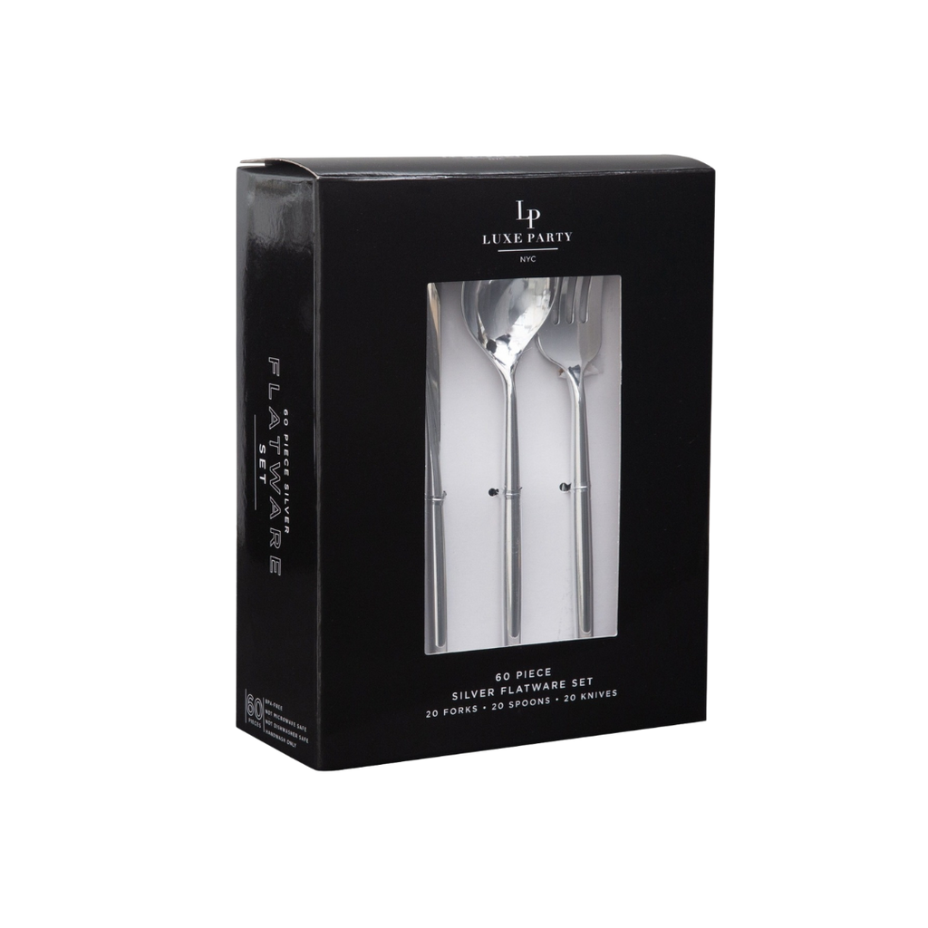 Silver flatware set in black packaging for elegant dining from Parte Haus party supply store in Bethesda MD