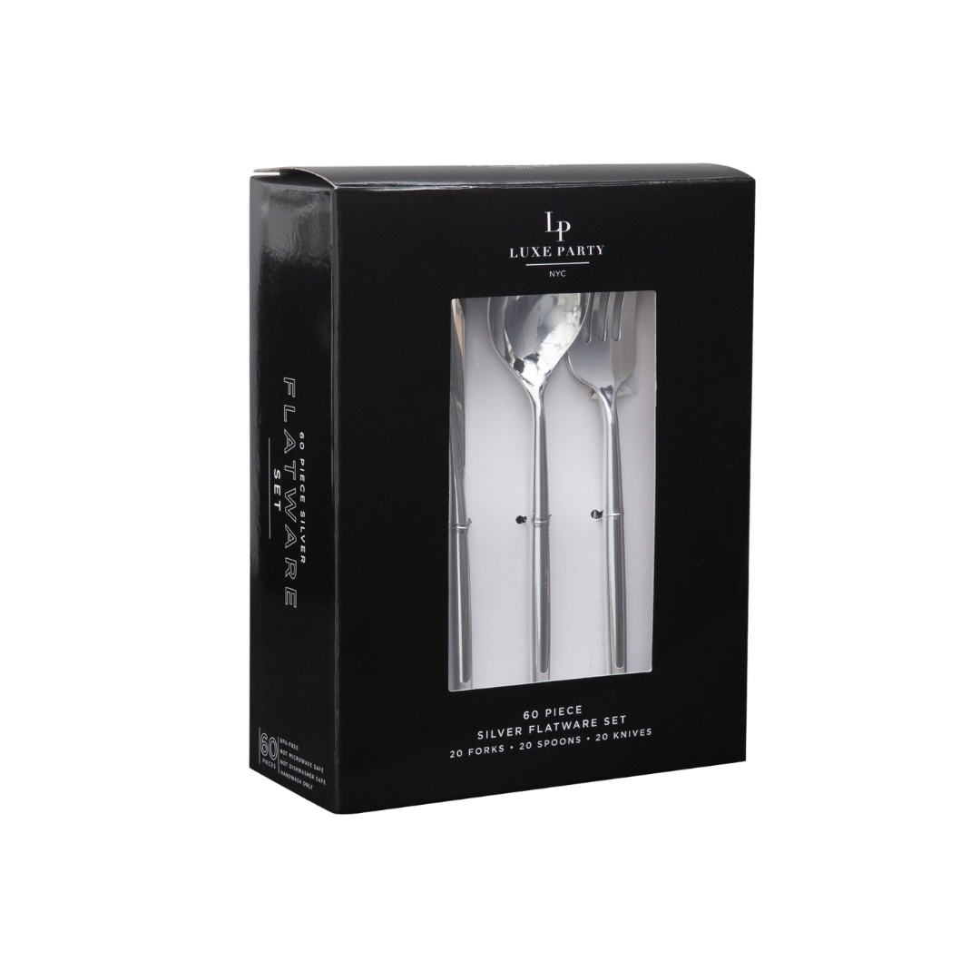Silver flatware set in black packaging for elegant dining from Parte Haus party supply store in Bethesda MD