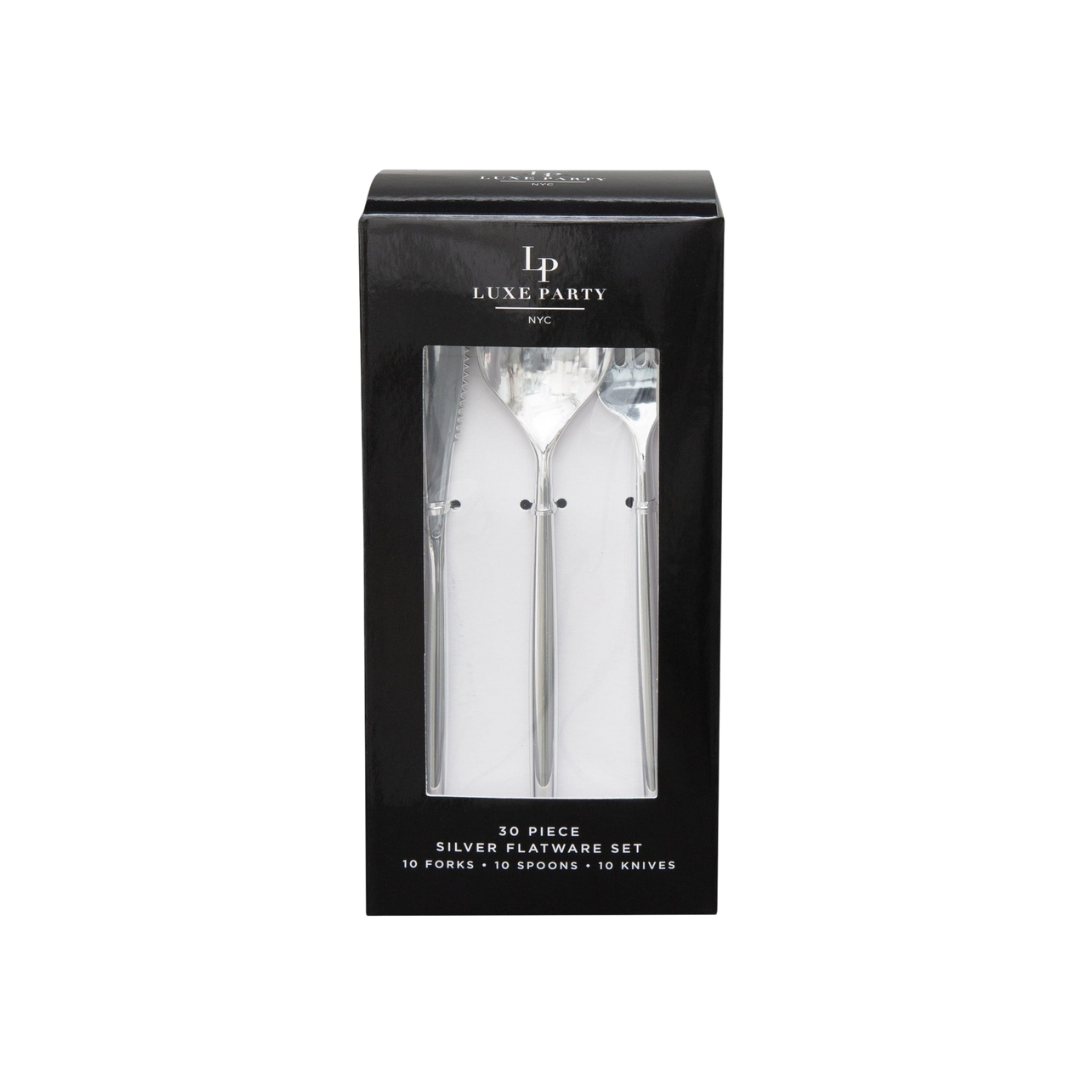 Silver flatware set in black box elegant tableware for celebrations from Parte Haus party supply store in Bethesda MD