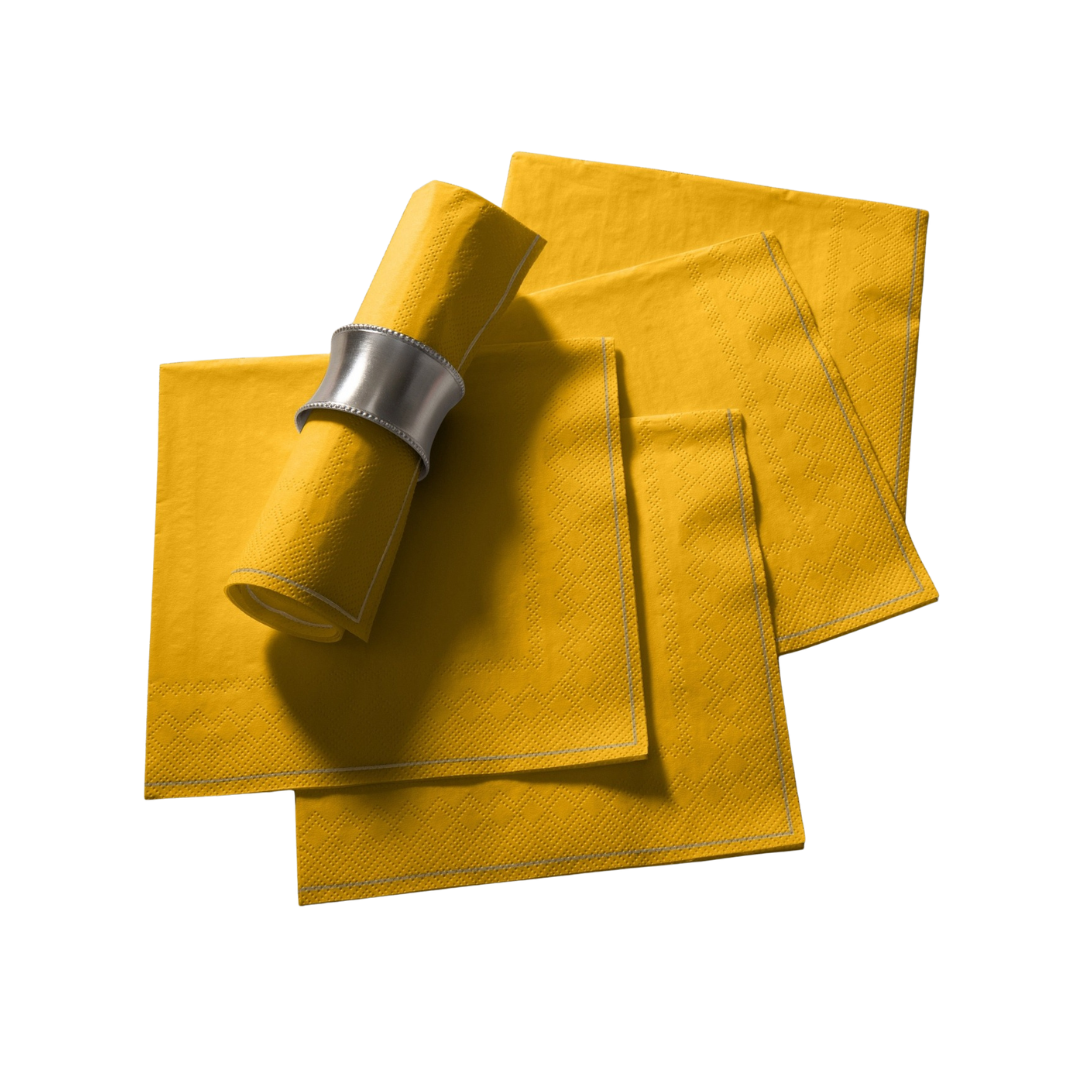 Yellow napkin set with silver napkin ring for festive dinners from Parte Haus party supply store in Bethesda MD